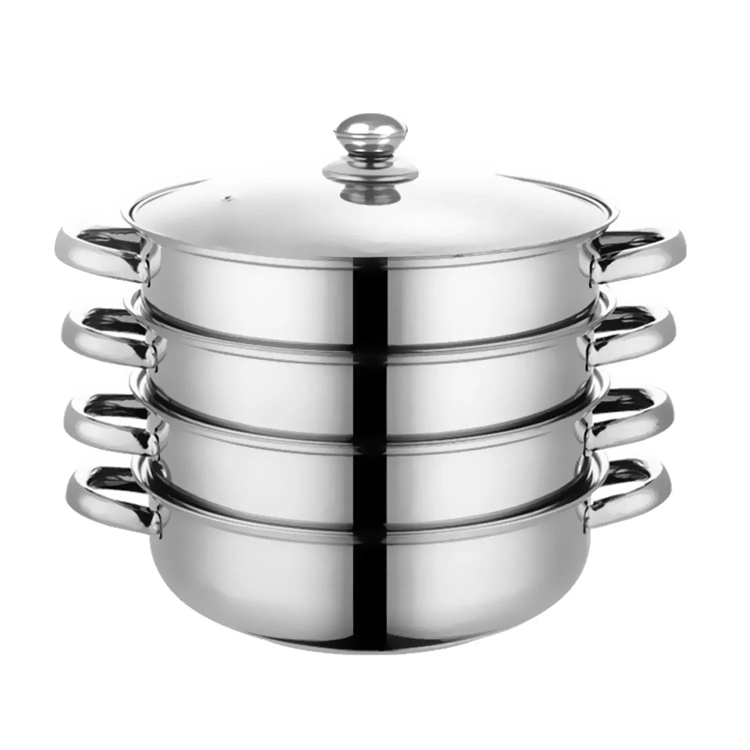 28cm Four Layers Stainless Steel Steamer Suitable for All Stoves, Sturdy Steel Handles, 4-Tier Construction