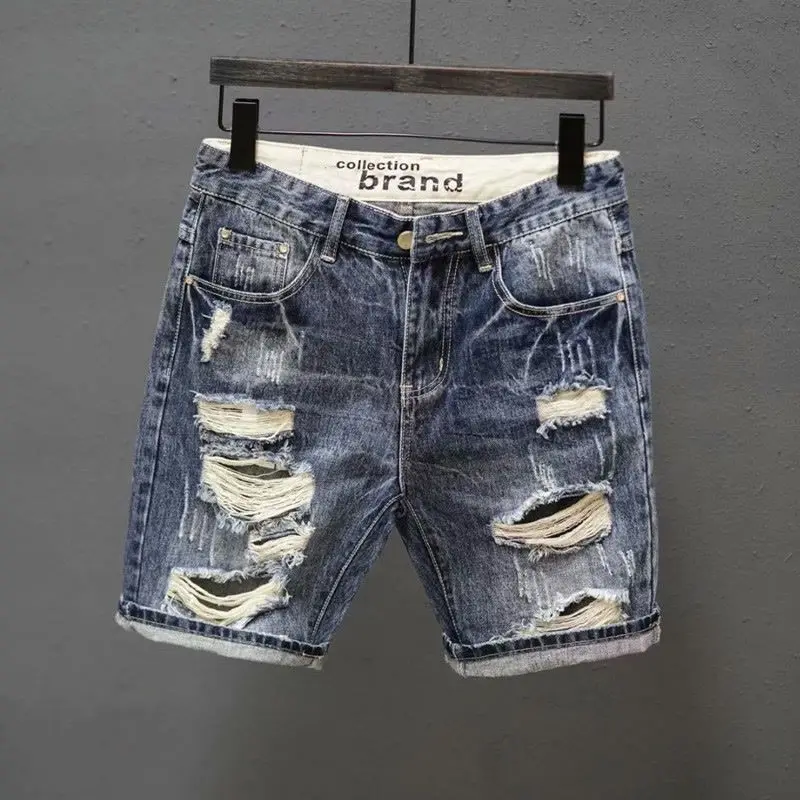 Quần Short Denim Co Giãn Cho Nam, Quần Cạp Rách Giữa, Phong Cách Hàn Quốc, Dáng Ôm, Buộc Mắt Cá Chân, Linh Hoạt Năng, Dài Đến Đầu Gối, Hợp Thời Trang, Mùa Hè