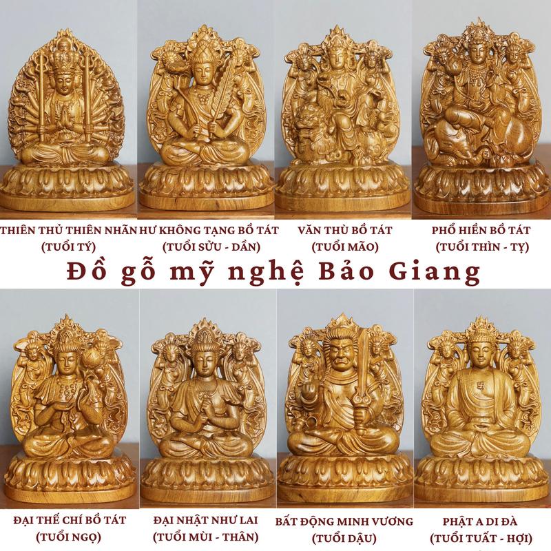 Tượng phật bản mệnh theo tuổi bằng gỗ bách xanh (cao 12 ngang 9 sâu 6,5 cm)