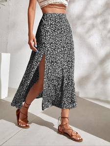 Falda acampanada con abertura en el muslo y estampado floral para mujer, falda midi informal de cintura alta estilo boho para vacaciones en la playa, conjuntos de verano 2024, ropa de verano para mujer