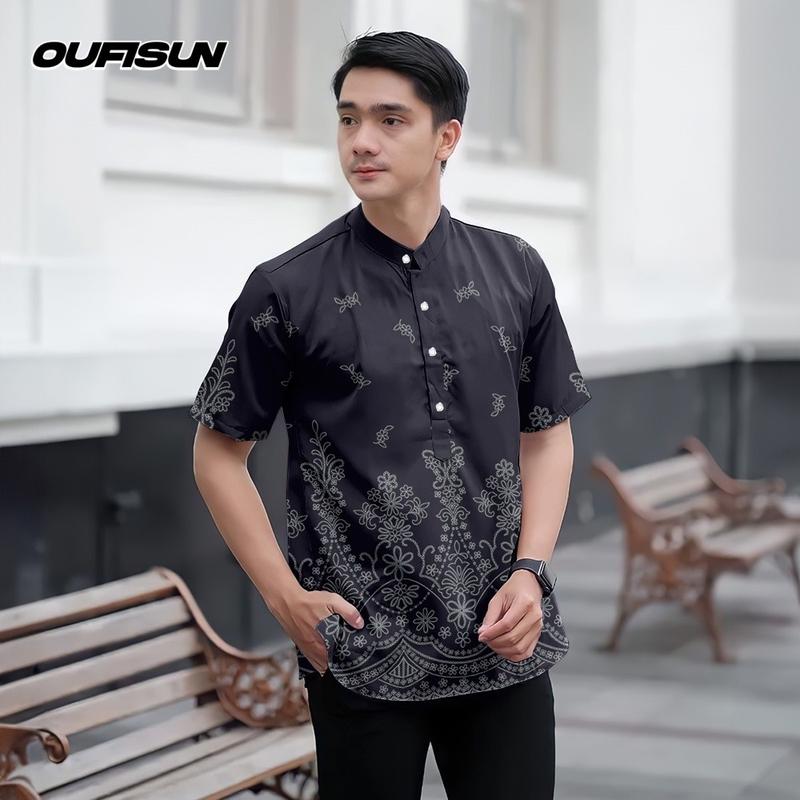 Product Introduction of Koko Kurta Shirt Raya 2025 Ramadan Festival Batik Men's Top Slim Fit 3D Printed Pattern Stand Collar Short Sleeve Henry Shirt Men's Formal Shirt 6