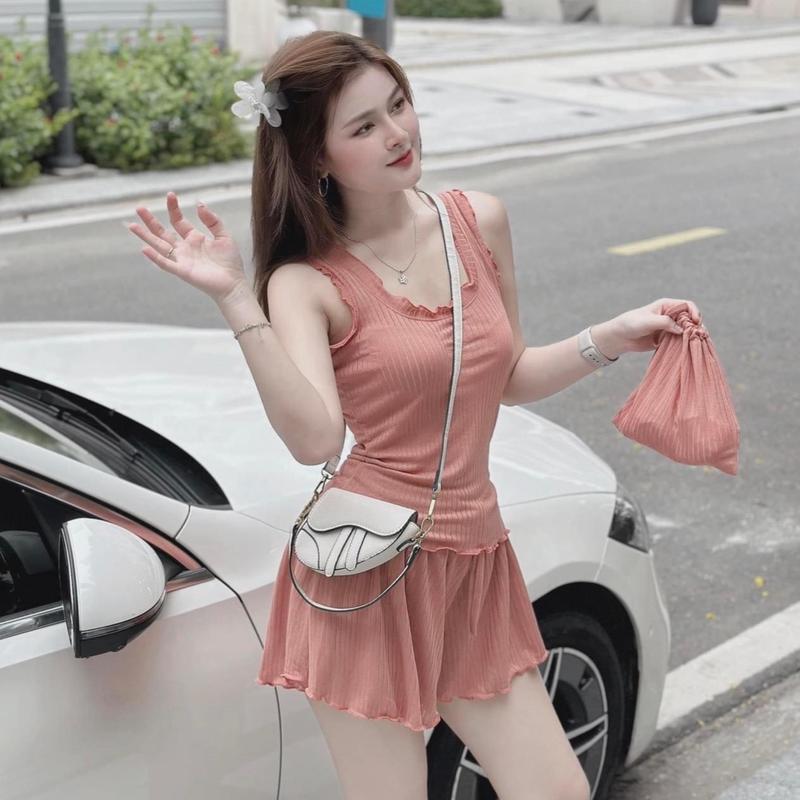 C10 Bộ ngủ áo ba lỗ quần viền bèo thun tăm, Sét đồ ngủ sexxy co giãn chất mát lạnh Nữ Voi