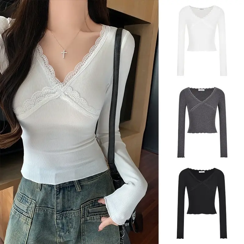 ￼Áo thun dài tay cổ chữ V dành cho nữ thon gọn phối ren