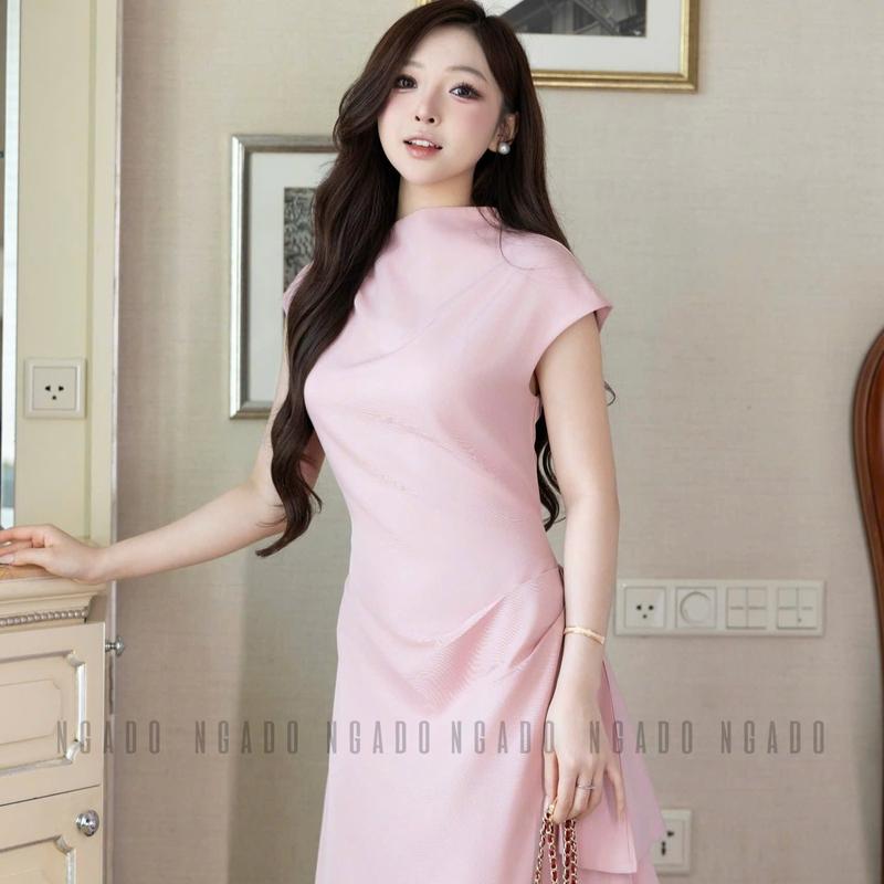 Đầm hồng cổ cao vạt xéo NGADO, Women Dress, Đầm dự tiệc nữ sang chảnh