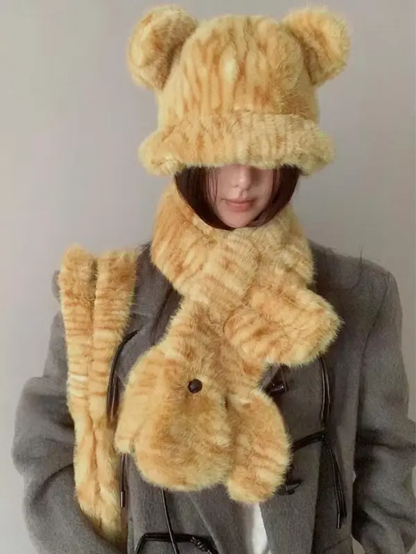 Cute Bear Ear Design Hat & Scarf & Bucket Bag Set, Casual Plush Tiger Pattern Hat & Scarf & Bag Set for Women & Men, Fashion Accessories for Daily Wear 0