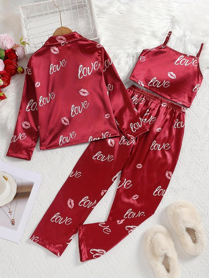 Product Introduction of Girl's Heart Print Lapel Button Front Shirt & Elastic Waist Pants & Cami Crop Top Satin Loungewear Set, Casual Soft Comfortable Pyjama Set for Kids, Valentine's Day Gift, Kids Sleepwear for All Seasons 8
