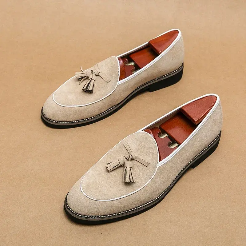 Loafers Suede, Jenama Mewah Itali, Rekaan Rumbai, Gaya Selipar, Buatan Tangan, Kulit Nubuck Berkualiti Tinggi, Kaki Runcing, Tapak Tebal, untuk Lelaki Flat Shoes