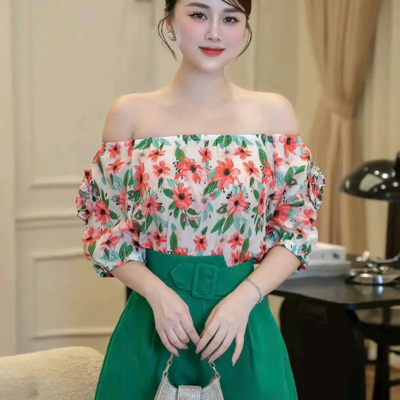 Sét áo trễ vai phối quần short cạp cao xinh mặc đi biển, đi chơi đẹp - Hàng có size s,m,l 4