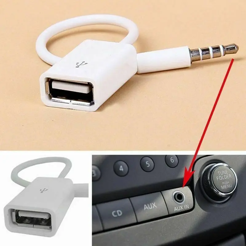 Car Aux To USB Adapter Cable Converter Jack Music Audio Player Flash Drive Port