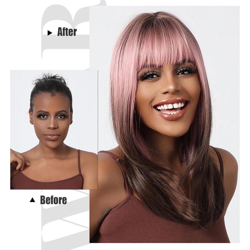 Local shipping-testar Long Ombre Pink Black Wigs For Black Women Straight Pink Brown Wigs With Thick Bangs Cosplay Wigs Colorful Wigs Synthetic Layered Hair Wigs For Daily Use 3
