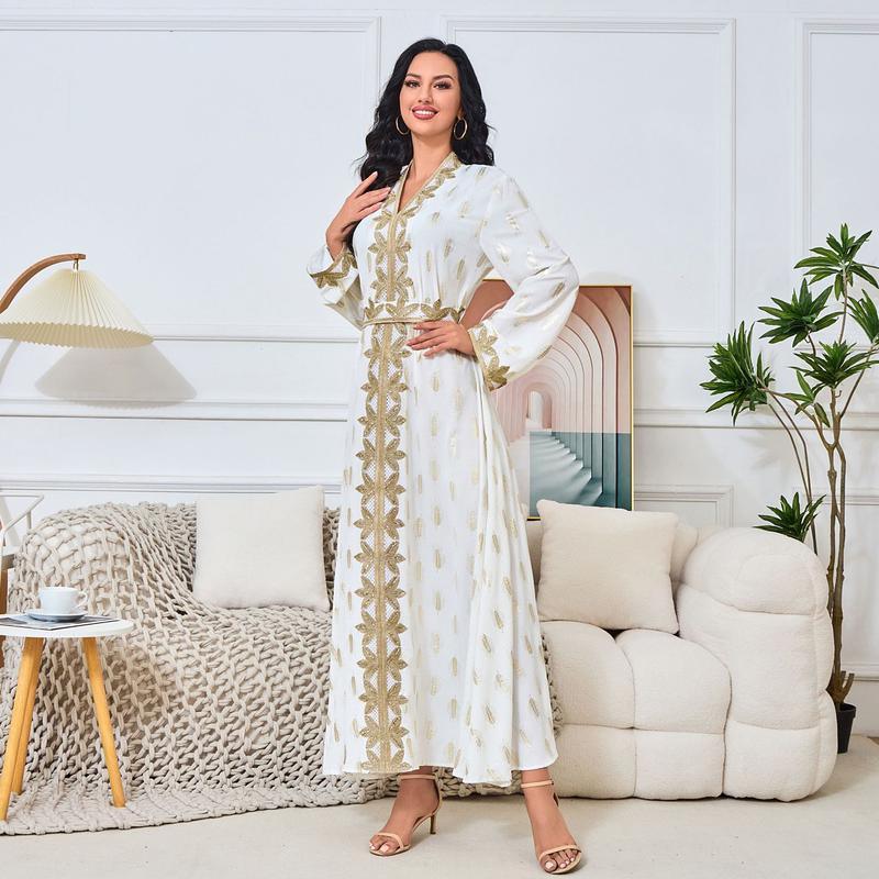 2025 Middle East New Fashion Women's Clothing Muslim Home Robe White Bronze Elegant V-neck Dress Abaya 3