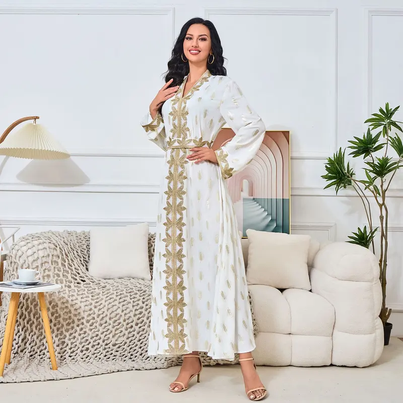 2025 Middle East New Fashion Women's Clothing Muslim Home Robe White Bronze Elegant V-neck Dress Abaya 3