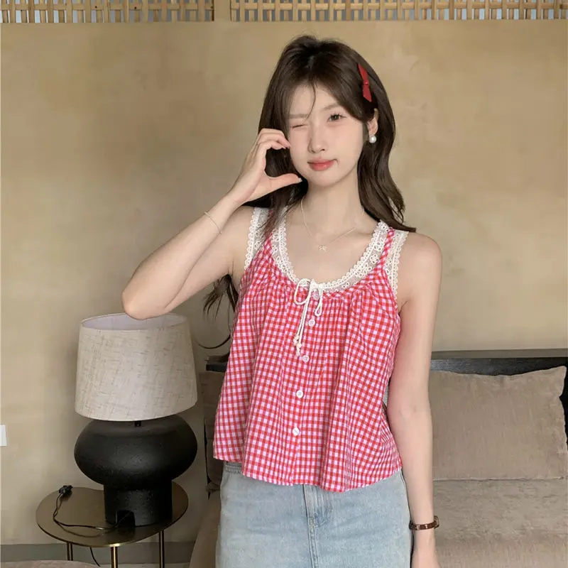 Áo Yếm Kẻ Sọc, Nhỏ Và Dễ Phối Đồ, Phong Cách Duyên Dáng, Khâu Ren, Không Tay, Áo Dáng Rộng, Hàng Mới Về Mùa Hè Cho Nữ 7