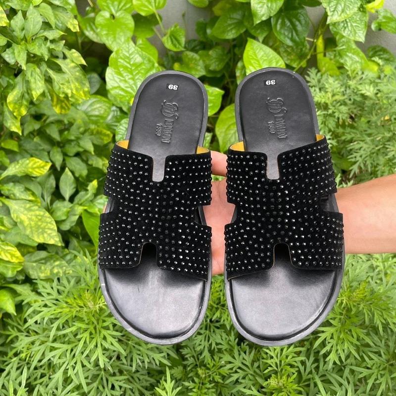 Dép Nam chữ H đính đá, quai nhung - Nam, Đế Bằng, Cao Su, DéP,