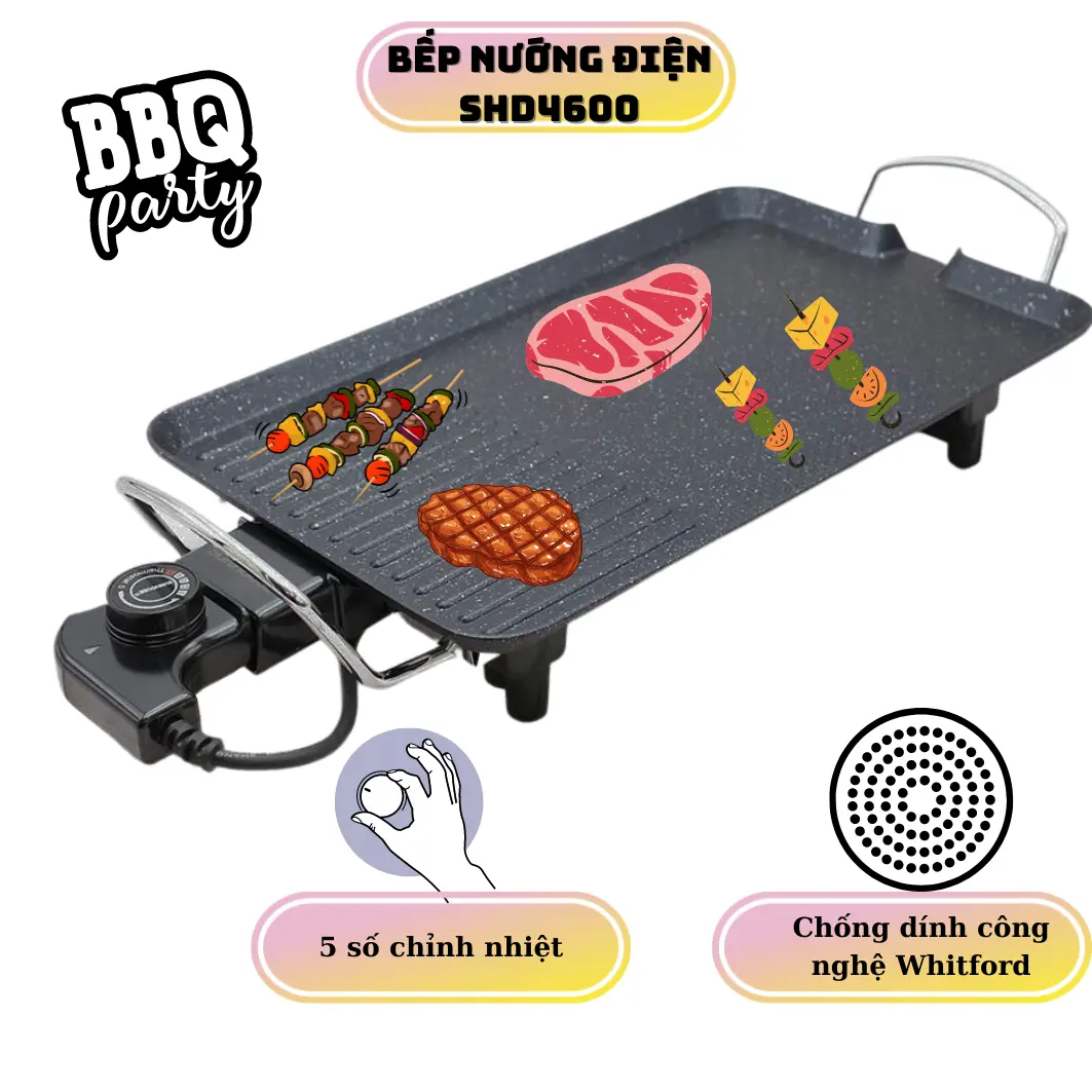 Bếp nướng điện , không khói , chống dính WHITFORD , công suất 1500w , bảo hành 12 tháng .Bếp điện , Nướng thịt