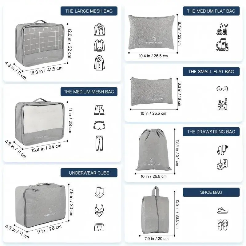 Travel Storage Bag Set, 7 Counts/set Lightweight Luggage Bag & Shoe Bag & Wash Bag, Hand Luggage Travel Bag Storage Bag 1