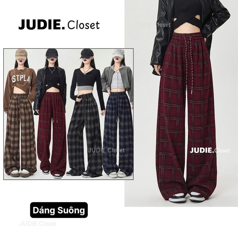 HÀNG CAO CẤP -  Quần Suông Nữ Chất Dạ Mềm Co Dãn Kẻ Caro Cao Cấp JUDIE.Closet