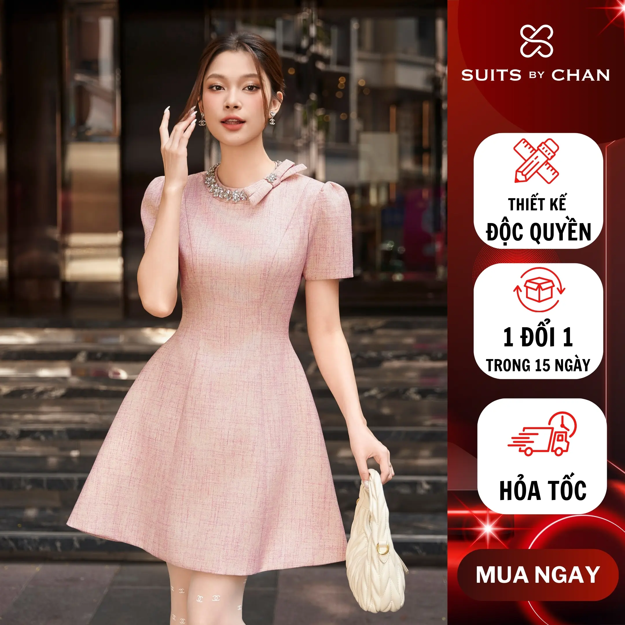 SUITS BY CHAN - Đầm Topaz cổ tròn phối nút đá vân xước - SCDA00003 Nữ Dress