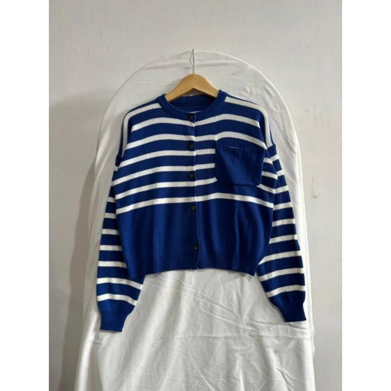 Product Introduction of Cardigan Rajut Wanita Flora Full Kancing Motif Salur Setrip Blaster Baju Atasan Garis Kerah Nyaman Knitwear Panjang 2