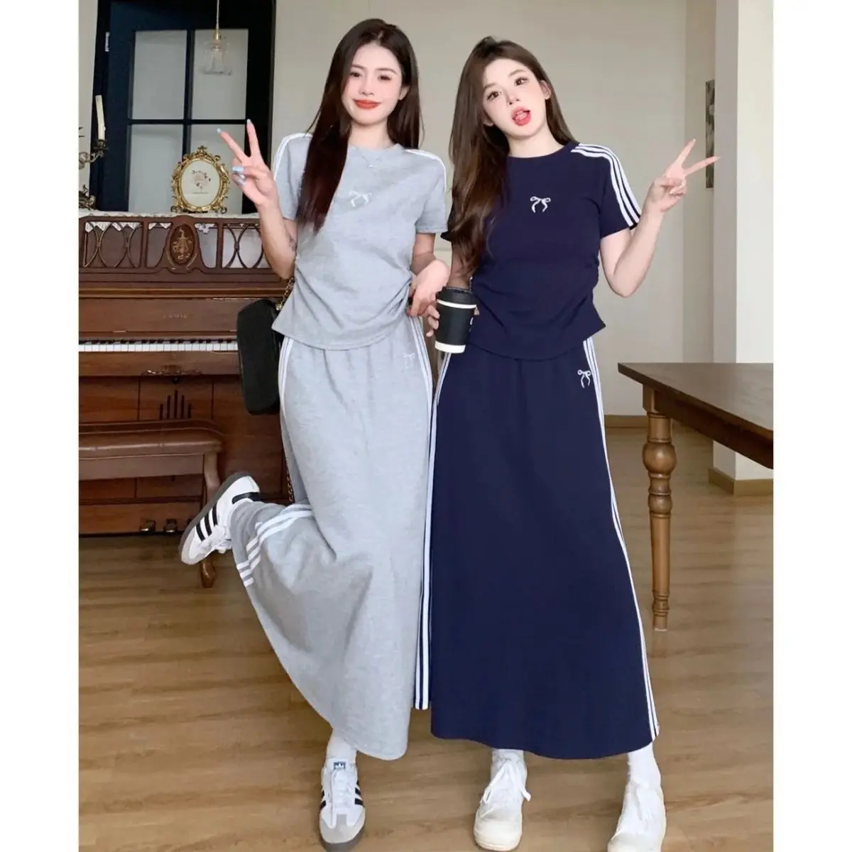 Bộ Đồ Hai Mảnh Thời Trang, Phong Cách Preppy, Phong Cách Hàn Quốc, Thể Thao Thường Ngày, Thời Trang, ngắn Tay, Váy Mỏng, Ba Sọc, Dành Cho Nữ, Mùa Hè