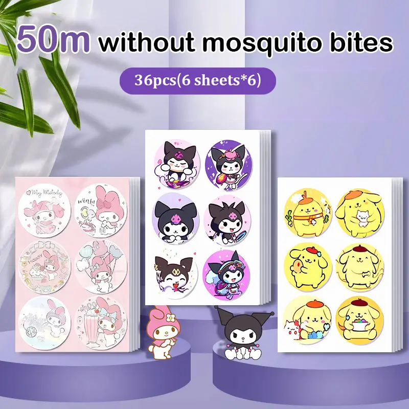 36Pcs Cartoon Kuromi Cinnamoroll Melody Kt Cat Anti-Mosquito Stickers Portable Print Childrens Natural Plant Essential Oils