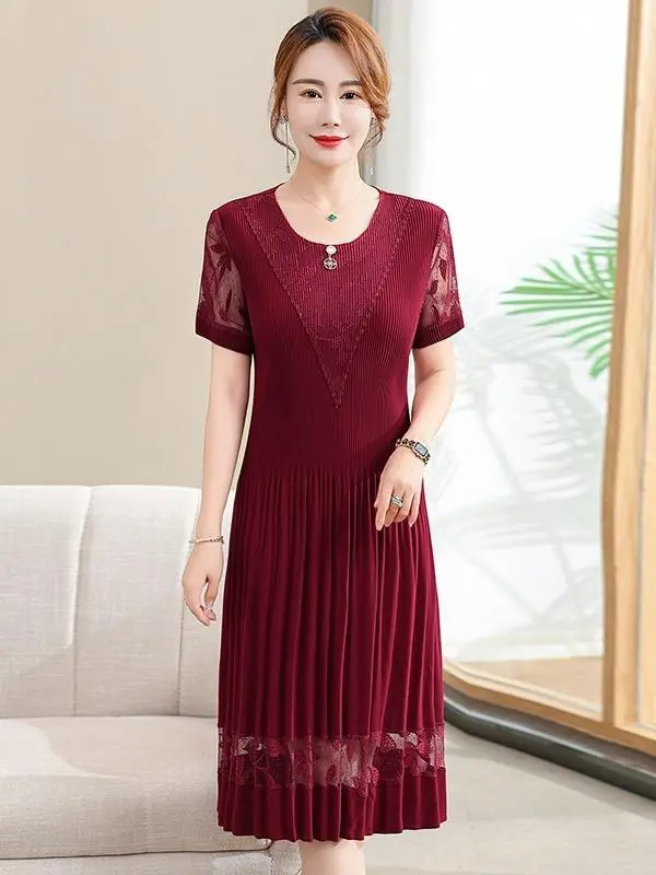 Đầm Nữ Trung Niên Xếp Ly Phối Ren Thanh Lịch - Tay Ngắn Mùa Hè - Co GIãn Mềm Mịn Đủ Size 45 - 80KG Women Dress Màu Đỏ váy dự tiệc