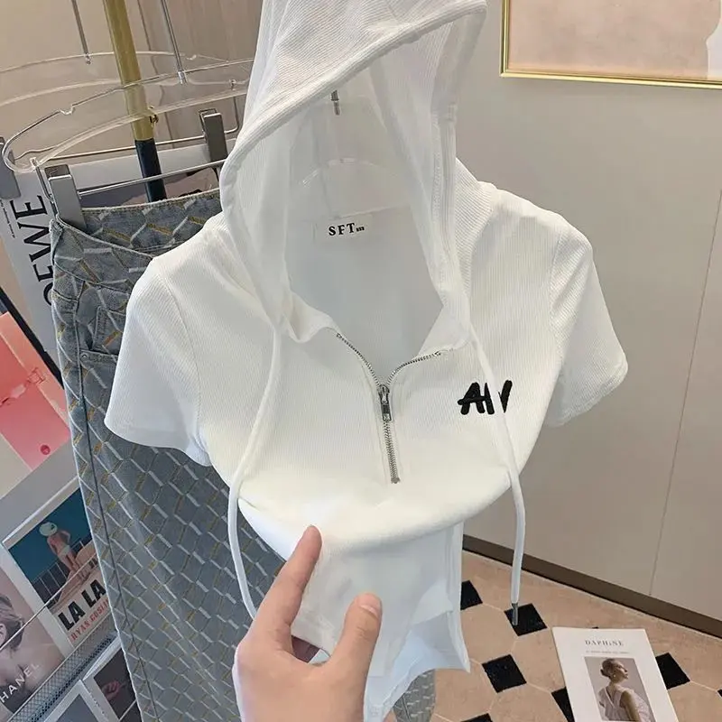 Áo Thun Cropped Xén, Phong Cách Hàn Quốc, Màu Trơn Có Thêu Chữ, Có Mũ Trùm Đầu, Dài Đến Eo, ngắn Tay Trắng Top Nữ
