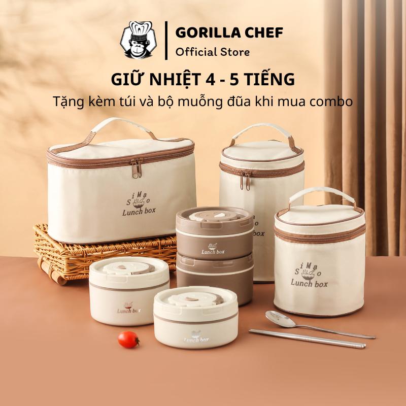 Hộp cơm giữ nhiệt 4-6 tiếng Gorilla Chef 3 lớp cách nhiệt, nắp chống đổ canh tặng kèm túi và muỗng đũa
