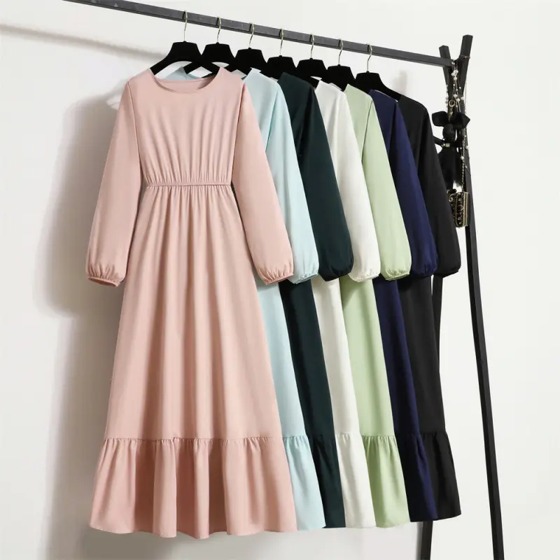 Summer New Muslim Color Long Sleeve round Neck Ruffled Long Casual Loose A- line Dress Women's Clothing