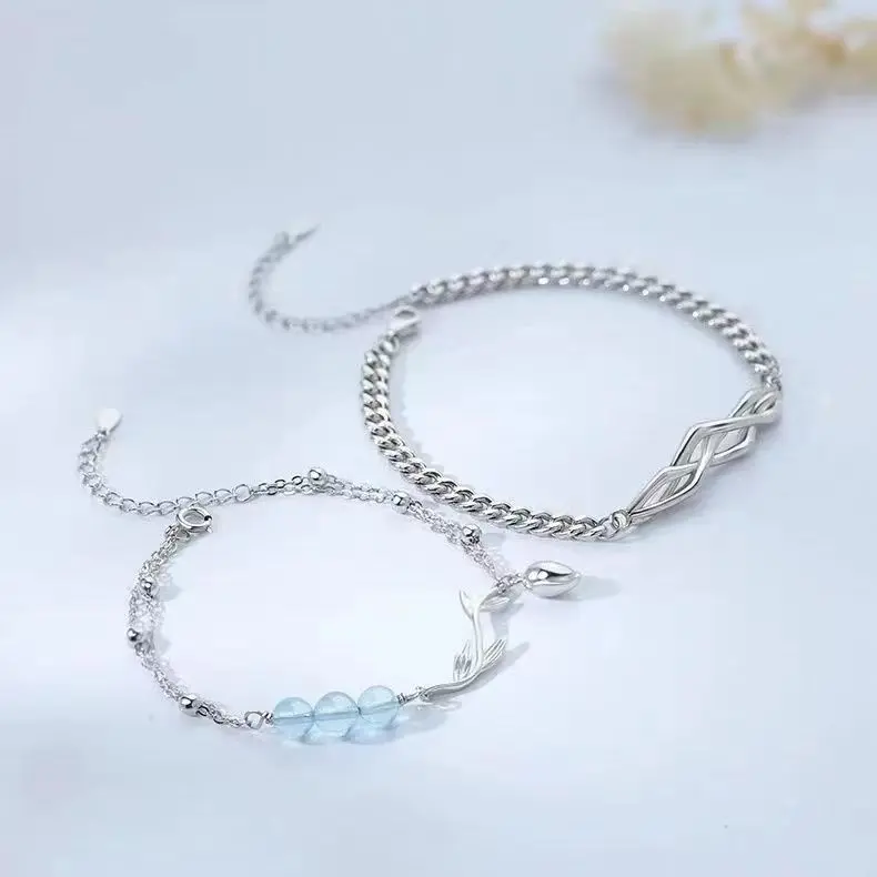 Vòng Tay Cặp Đôi, Thiết Kế Hoa Tulip, Dành Cho Nam Và Nữ, Một Cặp, Bạc S925, Thời Trang, Đính Cườm Màu Xanh, Thiết Kế Độc Đáo Quà Tặng Ngày Lễ Tình Nhân 6
