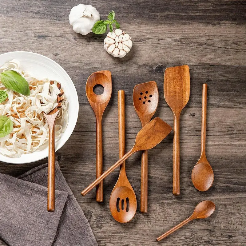 Wooden Cooking Utensils Set, 8 Counts/set Including Spatula & Spoon & Tongs & Salad Spoon, Kitchen Utensils Set for Cooking 0