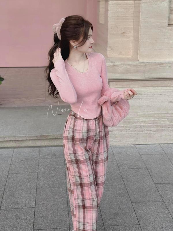 Set Đồ Nữ Đồ Bộ Nữ Áo Cotton Quần Caro Có Bigsize Đến 90Kg Xanh Hồng