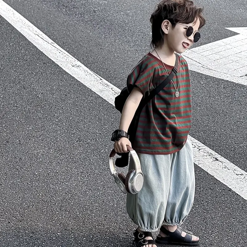 Bộ Quần Áo Trẻ Em, Phong Cách Hàn Quốc, Dành Cho Bé Trai Và Bé Gái, Áo Phông Và Quần Chống Muỗi Dáng Rộng, Bộ Áo Phông Khối Màu, Hợp Xu hướng, Mùa Hè 2024 6