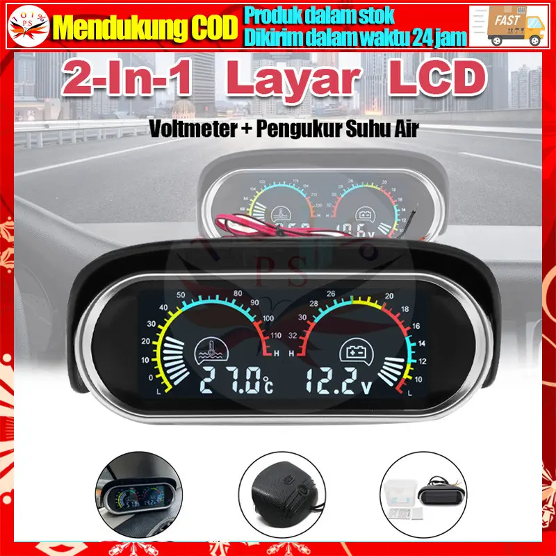 Voltmeter Universal 2 in 1 12V/24V LCD Liquid Crystal Suhu Air Voltmeter Motor Mobil Digital Horizontal Gauge Water Temperature
