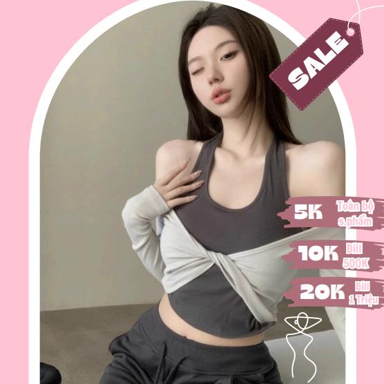 Set Áo Croptop Xoắn Ngực Tay Dài Phối Áo Bra Cổ Yếm Bên Trong May Liền Ôm Body Nữ Sexy Quyến Rũ LiVi Bigsize