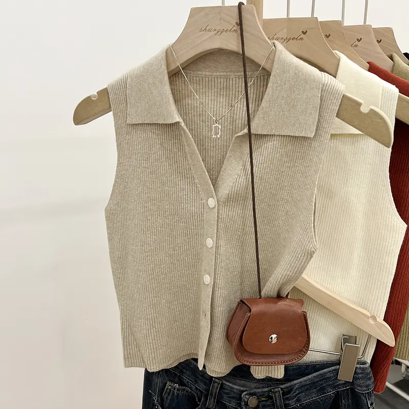 Áo Ghi Lê Dệt Kim Lụa Lạnh Áo Ghi Lê Nữ Mùa Hè Sang Trọng Không Tay Áo Lửng Dệt Kim Eo, Ve Áo Polo, Mỏng Và Mỏng, Dây Đeo Spaghetti Áo Mặc Bên Ngoài, Cỡ Nhỏ