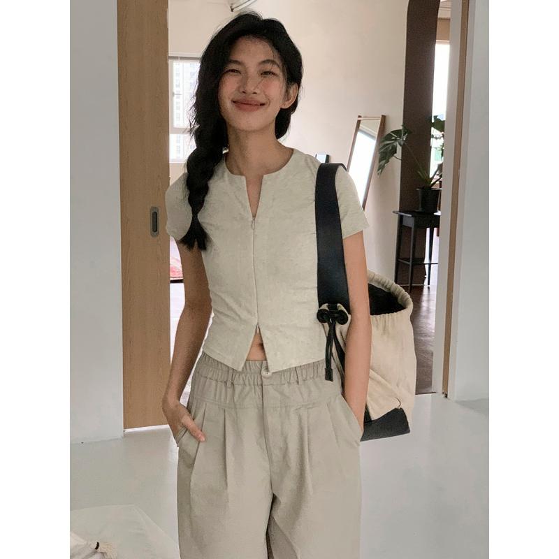 Áo Croptop Ôm Body Khóa Kéo - Summer Spring Tea - Áo Thun Body Nữ Tay Ngắn Chất Liệu Cotton Co Giãn - Thâm Hút Mô Hôi 0