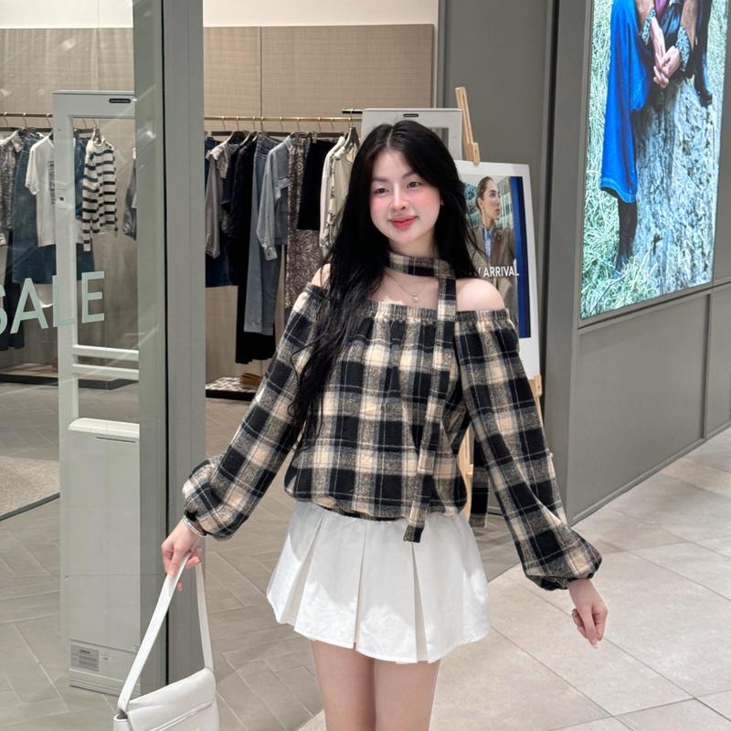 Mở Bán Áo nỉ dạ kẻ caro trễ vai dài tay tặng kèm dây caro cá tính Nữ Top Kem Women Voan Jean