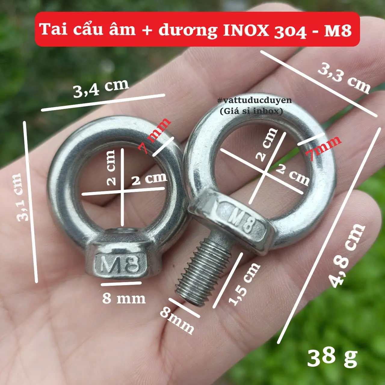 Bulong tai cẩu âm + dương INOX 304 - M8 - Sáng bóng, không rỉ sét