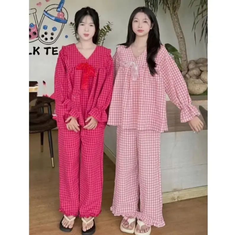 Đồ bộ karo babydoll nữ chất cotton xốp mềm mịn mặc nhà tiểu thư bánh bèo siêu xinh Women Quần Ngủ Áo 7