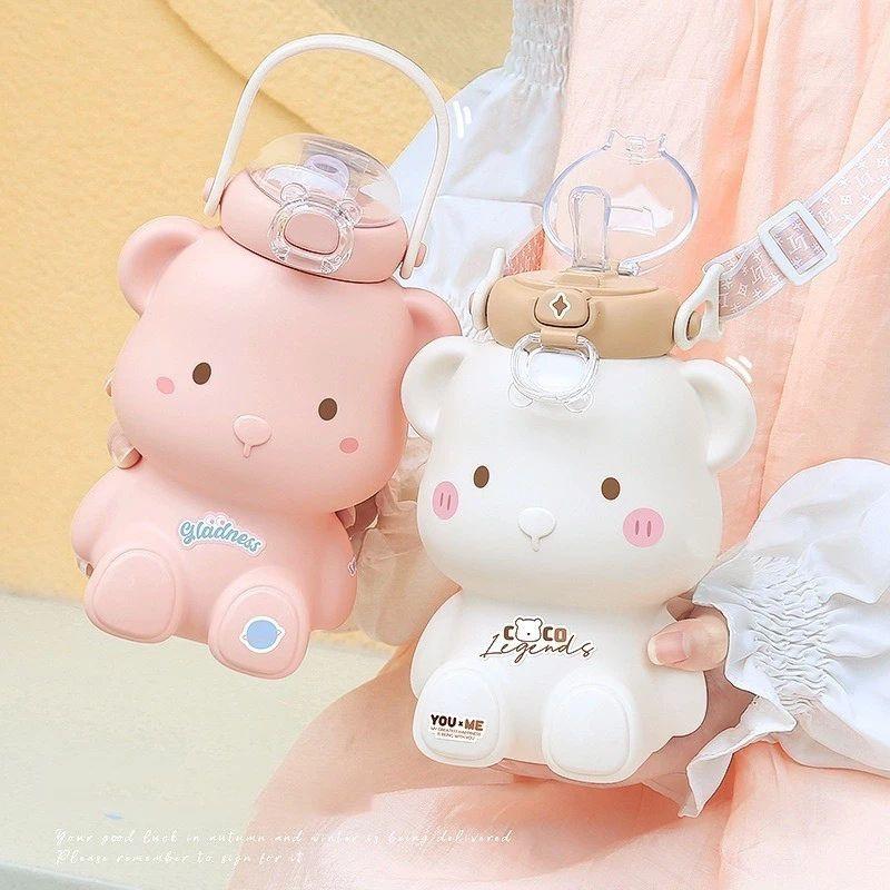 Bình nước inox giữ nhiệt có ống hút hình gấu siêu xinh nội địa Trung