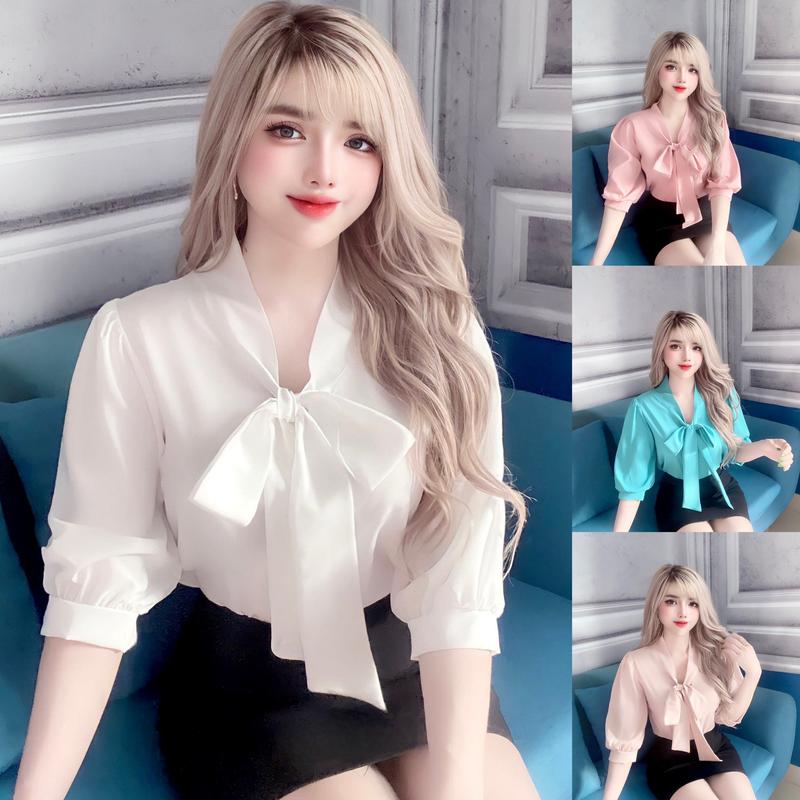 Áo sơ mi nữ cổ nơ 4 màu, voan lụa, Áo kiểu nữ sang chảnh
