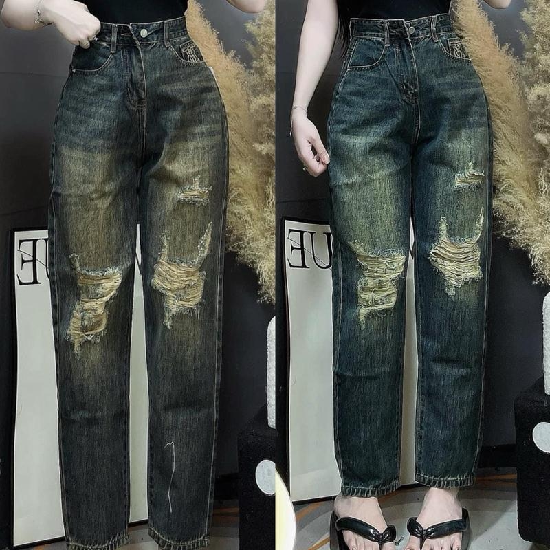 {{ SML }} Quần jeans BG : 2699 Wash Bụi Phối Rách Gối Mặt Sau Chữ Thêu 0