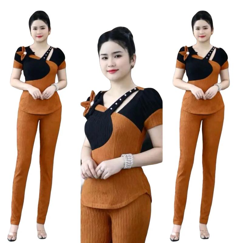 SÉT ĐỒ BỘ THUN XỐP NHẬT ĐẮP HOA DÂY VAI ĐÍNH CƯỜM QUẦN DÀI ỐNG ÔM TỪ 40-74KG Nữ Nhung Women Voi Đỏ