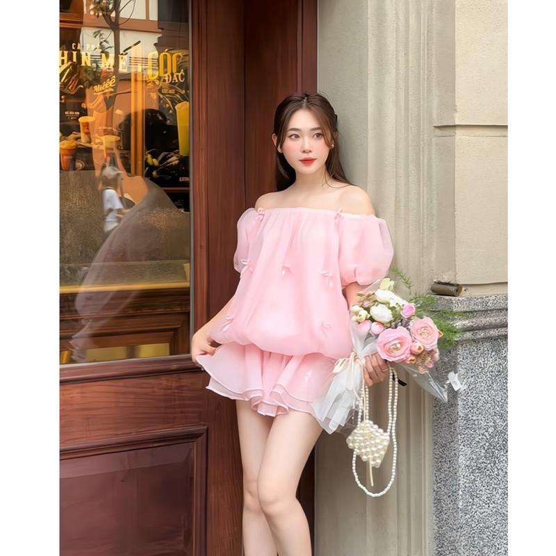 KÈM QUẦN SHORT Set áo váy trễ vai chất tơ kèm quần đính nơ tiểu thư NỮ Top DILYSHOP_ S105