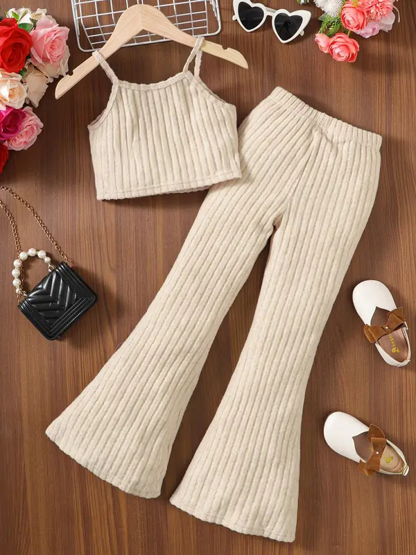 Two-piece Set Girl's Solid Crop Cami Top & Flare Leg Pants Set, Casual Fashion Cozy Knit Vest Set for Daily Outdoor Wear, Girls Clothing for Summer 0