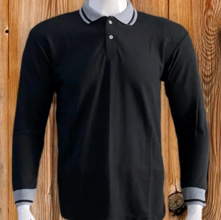 KAOS KERAH LENGAN PANJANG Pria Wanita Baju Berkerah lengan panjang uniseks Kaos kerah lengannya panjang Hitam kerah abu Terbaru Kain Tebal 1