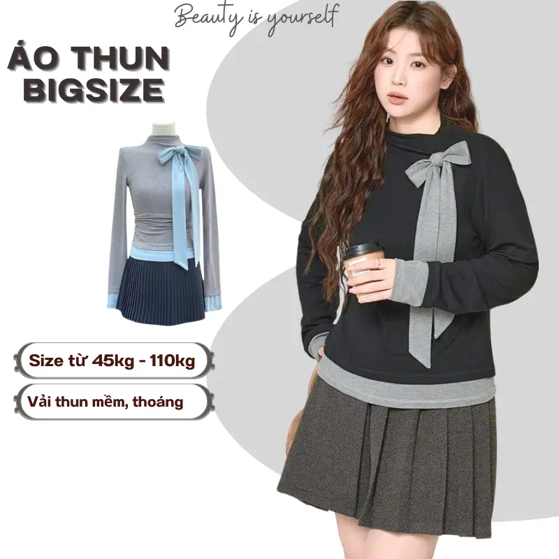 Áo Thun Nữ Bigsize Tay Dài 45 - 105KG Giữ Nhiệt Cổ Đính Dây Nơ - Cổ Lọ
