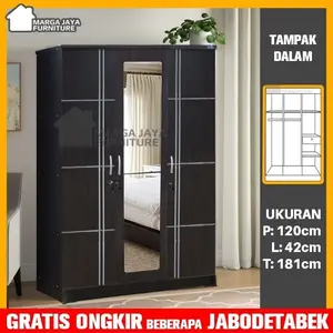 Lemari Pakaian 3 Pintu Minimalis Putih Lemari Baju Full Cermin Hitam dengan Kaca Murah Kamar