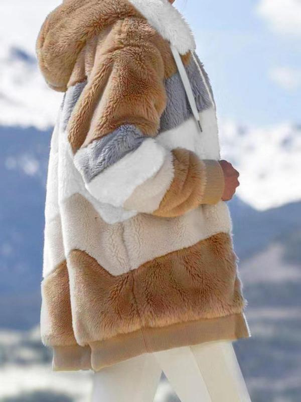 Women's Colorblock Drop Shoulder Hooded Polar Fleece Coat, Fashion Casual Long Sleeve Zip Up Warm Outerwear For Daily Outdoor Wear, Women's Clothing 5